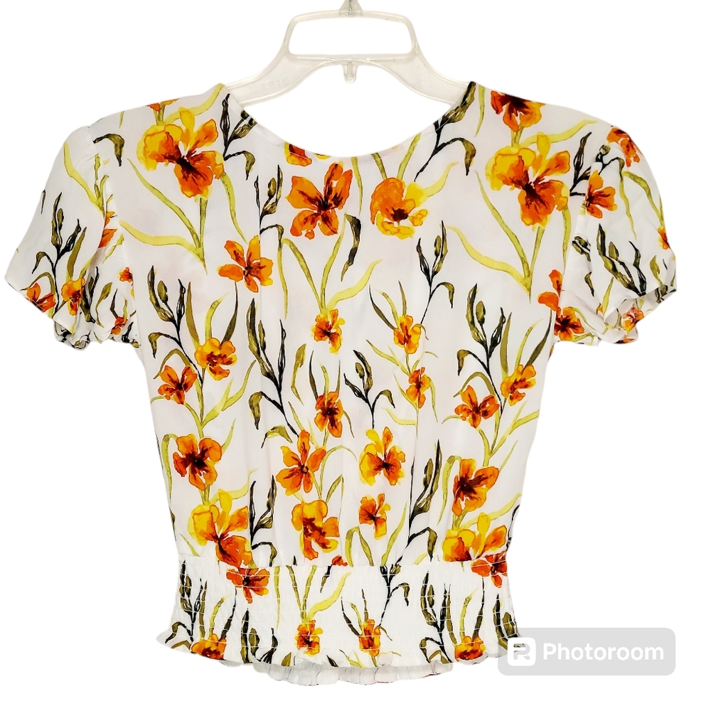 White with Orange Floral Print Little Moon Womens Blouse